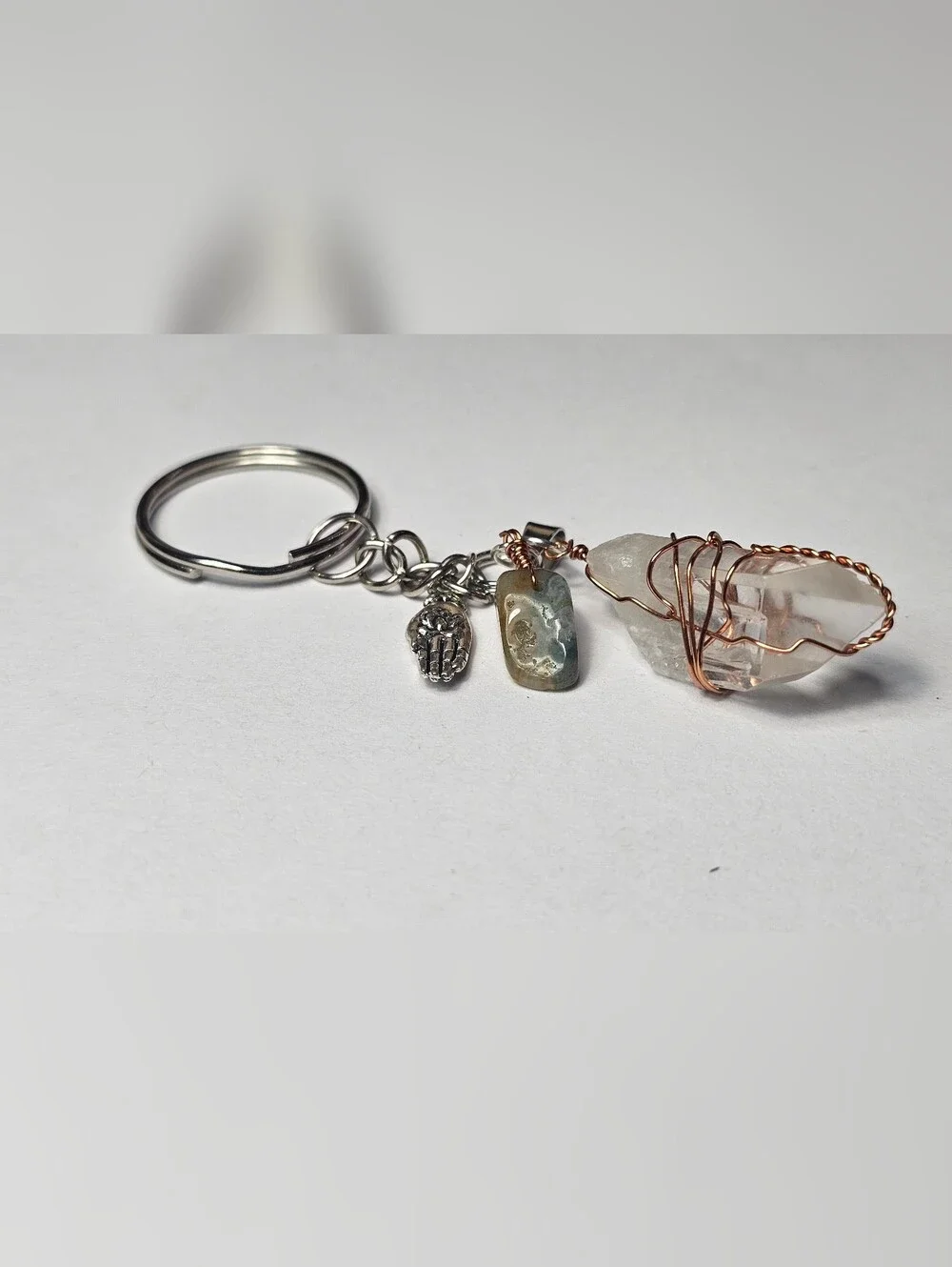 Handmade Clear Crystal Wire-Wrap Keychain with Stone Accent